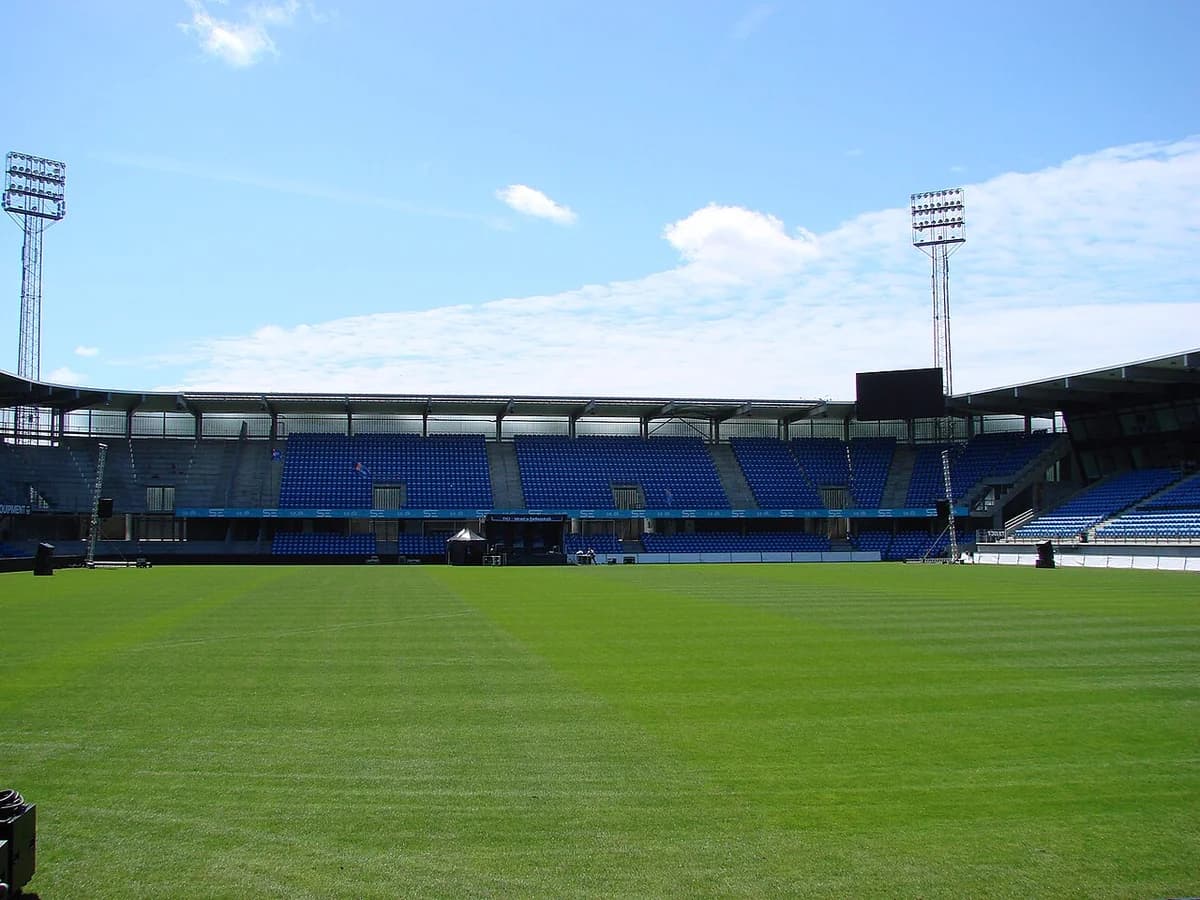 Exterior view of Blue Water Arena football stadium in Esbjerg.