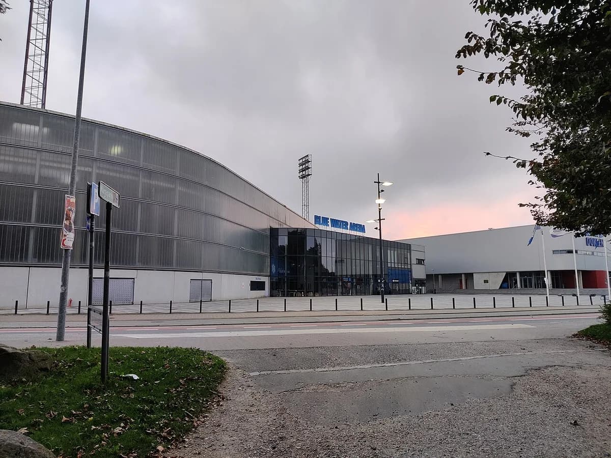 Exterior view of Blue Water Arena football stadium in Esbjerg.