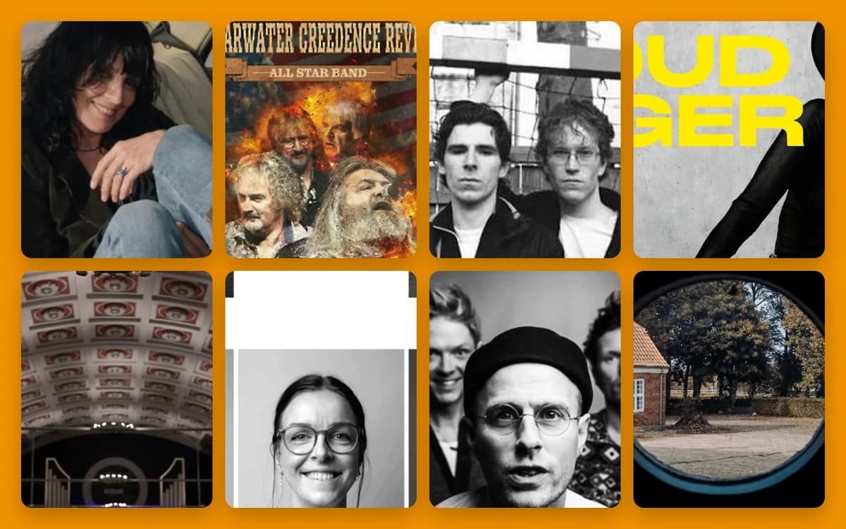 A collage of portraits, band images, and an outdoor view.