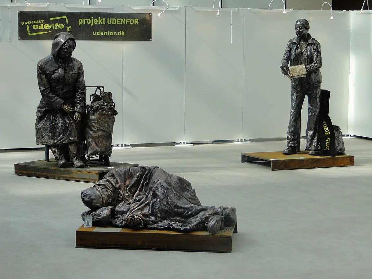 Three bronze sculptures about homelessness displayed indoors.